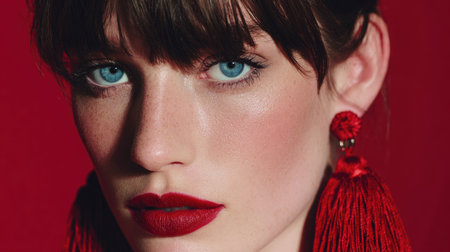 This captivating close-up portrait showcases a young woman's striking blue eyes and bold red lips, enhanced by vibrant red earrings and a matching background.の素材