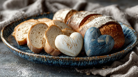 A beautifully arranged plate of freshly baked bread, featuring slices and heart-shaped decorations, perfect for cozy meals and warm gatherings.の素材