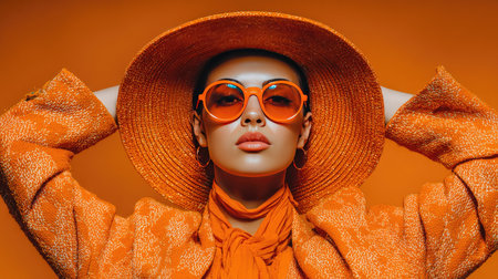 A striking portrait of a fashionable young woman showcasing bold orange attire, stylish sunglasses, and a wide-brimmed hat, exuding confidence and elegance.の素材
