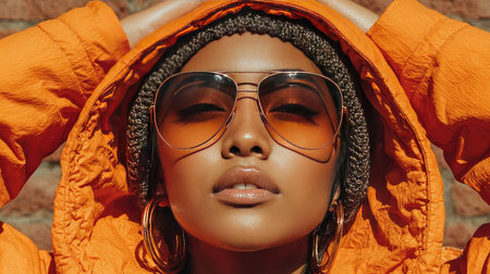 A striking portrait of a young woman wearing sunglasses and an orange jacket against a brick wall, radiating confidence and style on a sunny day.の素材