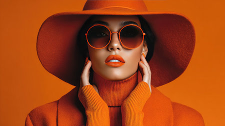 A striking portrait of a fashionable woman dressed in vibrant orange garments and sunglasses, exuding confidence and elegance against a bold backdrop.の素材