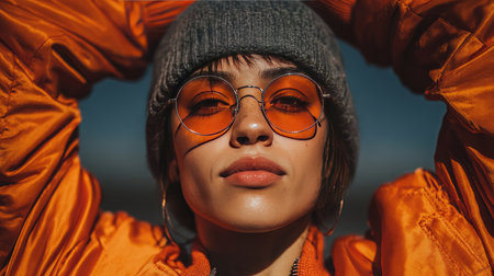 A stylish young woman confidently poses against a bright blue sky, showcasing her vibrant orange bomber jacket and trendy orange sunglasses, radiating joy and energy.の素材