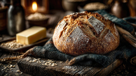 A beautifully presented loaf of artisan bread sits on a rustic wooden table, accompanied by butter and oats, evoking warmth and comfort in a cozy kitchen setting.の素材
