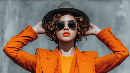A fashionable young woman showcases her stylish orange outfit and trendy sunglasses. Posing confidently against a subtle urban background, she exudes vibrancy and personality.の素材
