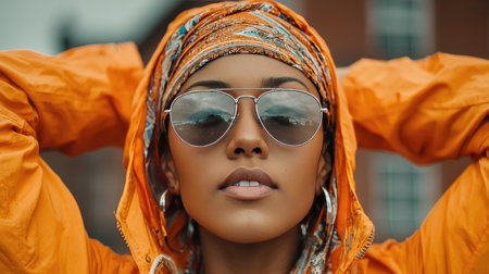 A fashionable woman wearing an orange jacket and headscarf poses outdoors, showcasing her stylish sunglasses in an urban background.の素材