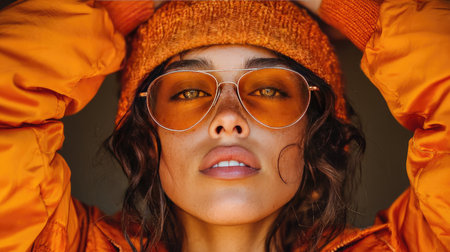 A striking portrait of a confident young woman in vibrant orange attire, showcasing her bold style and unique accessories, set against a subtle background.の素材