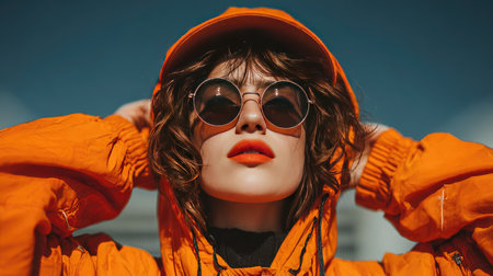 A stylish young woman showcases her fashion sense in an orange jacket and sunglasses, exuding confidence against a bright sky backdrop.の素材