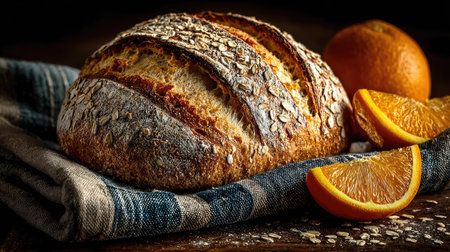 A beautiful arrangement of freshly baked rustic bread topped with oats, accompanied by citrus fruits on a wooden table. Ideal for culinary themes.の素材