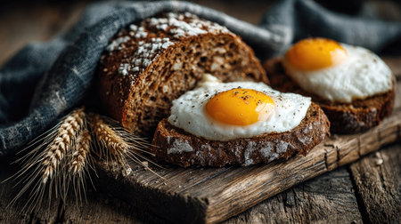This image showcases freshly baked whole grain bread topped with perfectly fried eggs, beautifully arranged on a rustic wooden board, highlighting wholesome ingredients.の素材