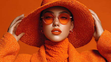 A striking portrait of a fashionable model wearing vibrant orange attire, complemented by stylish sunglasses and a wide-brimmed hat, exuding confidence and elegance.の素材