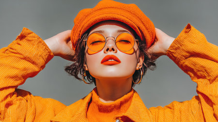 A fashionable woman showcases a stunning orange outfit complemented by bold accessories and striking makeup, embodying confidence and creativity.の素材