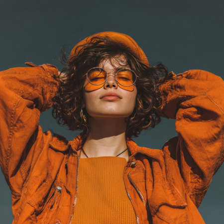 A captivating portrait of a stylish woman dressed in orange, showcasing a bold attitude against a dramatic backdrop, embodying confidence and individuality.の素材