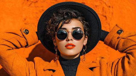 A stylish young woman exudes confidence while posing against a bright orange backdrop. She showcases her trendy outfit, complete with fashionable sunglasses and a chic hat.の素材