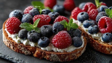 A visually appealing image of fresh raspberries and blueberries atop creamy toast, garnished with mint, showcasing a delicious and healthy breakfast option.の素材