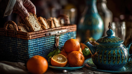 A warm and inviting still life featuring fresh oranges, a beautifully designed tea pot, and a basket of bread, perfect for a cozy kitchen setting.の素材