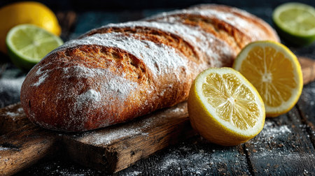 This image captures a freshly baked artisan bread resting on a rustic wooden board, accompanied by bright lemon slices. The warm tones and textures create a cozy culinary scene.の素材