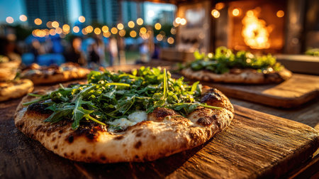 This captivating image showcases a freshly baked pizza topped with vibrant arugula, set against a beautifully lit outdoor backdrop.の素材