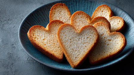 A delightful arrangement of heart-shaped bread slices on a textured blue plate, perfect for showcasing love and creativity in cooking.の素材