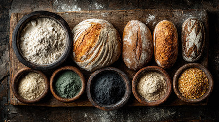 A visually captivating arrangement of assorted breads and spices on a rustic wooden table, highlighting the beauty of natural ingredients in artisan baking.の素材