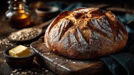 A stunning close-up of freshly baked artisan bread resting on a rustic wooden table. Accompanied by butter and oats, this composition captures the essence of comfort food.の素材