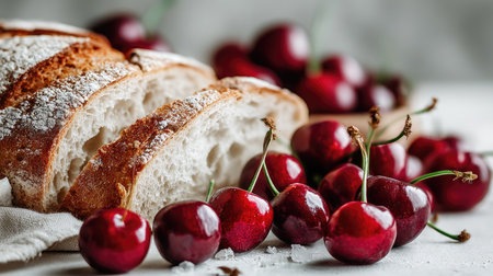 A stunning arrangement of freshly sliced bread and vibrant cherries creates a delightful visual, showcasing the essence of summer and rustic cuisine.の素材