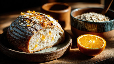 A visually appealing breakfast scene featuring a freshly baked artisan bread with orange pieces, a bowl of oatmeal, and fresh orange slices, inviting warmth.の素材