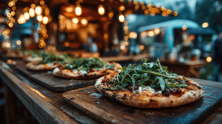 A selection of gourmet pizzas topped with fresh arugula served on rustic wooden boards at an outdoor food market, illuminated by evening lights.の素材
