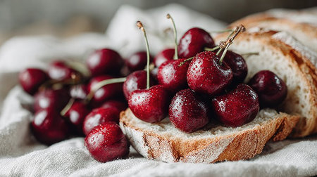 A beautiful arrangement of fresh cherries on slices of rustic bread, showcasing the delicious contrast of textures and colors in a cozy kitchen setting.の素材