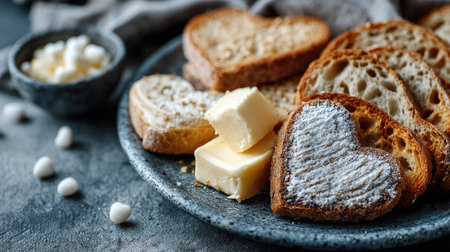 A delightful display of heart-shaped toasted bread accompanied by creamy butter and cottage cheese, perfect for a cozy breakfast or snack time.の素材