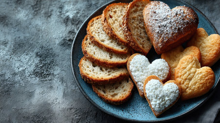 A tempting display of heart-shaped cookies and artisan bread arranged beautifully on a blue plate. This delightful composition showcases a blend of textures and flavors, perfect for special occasions or everyday enjoyment.の素材