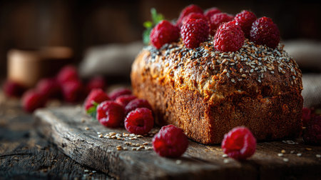 This stunning image captures a freshly baked bread loaf adorned with ripe raspberries and sesame seeds, set on a rustic wooden table, highlighting natural textures and colors.の素材