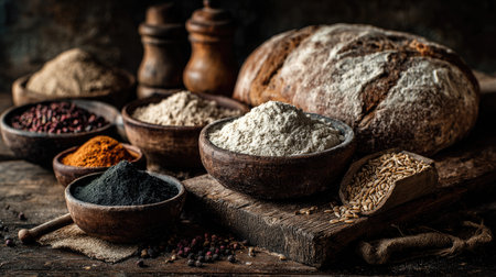 A captivating arrangement of diverse flours and spices presents a rustic kitchen scene, featuring freshly baked artisan bread on a wooden table. Perfect for culinary themes.の素材