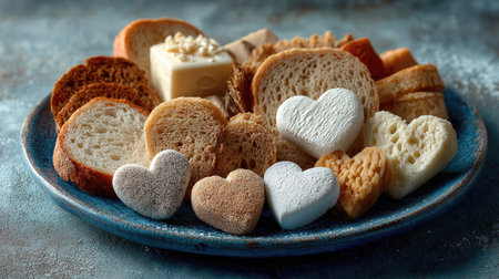 A charming arrangement of assorted breads and heart-shaped treats on a rustic plate evokes warmth and comfort, perfect for a cozy gathering or special occasion.の素材