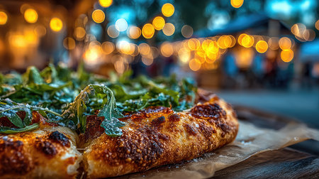 A mouthwatering artisan pizza featuring fresh arugula is showcased on a wooden table at an outdoor event, surrounded by vibrant bokeh lights.の素材