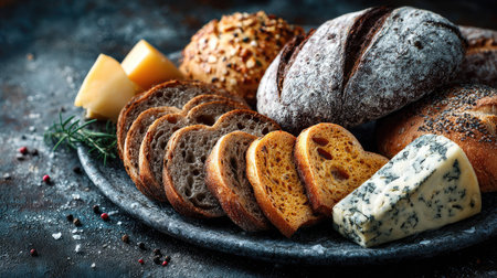 A beautifully styled arrangement of assorted freshly baked breads and flavorful cheese on a rustic wooden platter, garnished with herbs and spices, perfect for a culinary feast.の素材