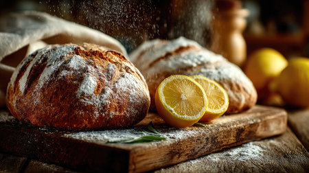 This image showcases two artisan bread loaves covered in flour, paired beautifully with fresh lemon slices on a rustic wooden board, emphasizing wholesome cooking.の素材