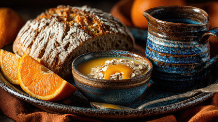 A warm and inviting breakfast scene featuring freshly baked bread, vibrant orange slices, and creamy oatmeal presented in rustic pottery, perfect for morning meals.の素材