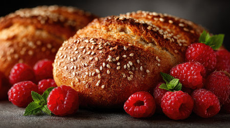 A captivating still life featuring freshly baked sesame bread rolls surrounded by vibrant raspberries and fresh mint leaves, showcasing delicious food artistry.の素材