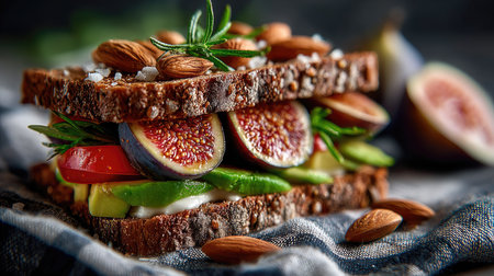A vibrant vegetarian sandwich featuring layers of fresh figs, tomatoes, and peppers on rustic brown bread, topped with almonds for crunch.の素材