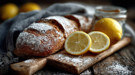 A beautifully arranged composition featuring a loaf of freshly baked artisan bread with slices of vibrant lemon, set against a rustic wooden background. Perfect for culinary inspiration.の素材