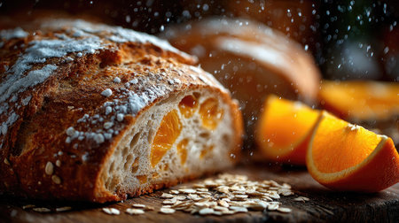 A beautifully crafted loaf of bread, showcasing vibrant orange slices, sprinkled with flour and oats, perfect for culinary enthusiasts and cozy meals.の素材