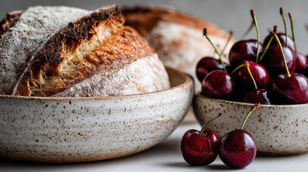 A beautifully arranged scene featuring freshly baked bread next to a bowl of ripe cherries, perfect for highlighting culinary delights in a rustic setting.の素材