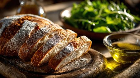 A beautifully arranged rustic loaf of sliced bread accompanied by a bowl of olive oil and fresh greens, perfect for a healthy meal setting.の素材