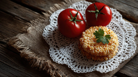 A beautiful arrangement of fresh tomatoes and homemade rice cakes on a rustic wooden table with a delicate lace doily, emphasizing healthy eating.の素材