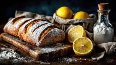 A beautifully arranged scene featuring a freshly baked loaf of bread with slices, vibrant lemons, and flour. Perfect for culinary and food-related themes.の素材