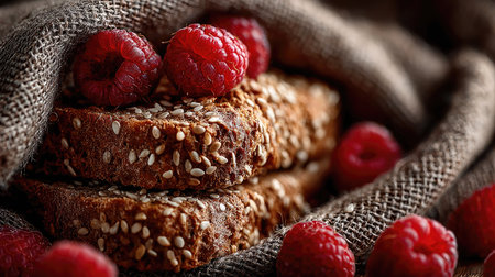 This captivating image features fresh bread slices sprinkled with sesame seeds, beautifully accompanied by ripe raspberries on a textured fabric background, evoking a sense of comfort and indulgence.の素材