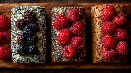A stunning display of three different loaves enriched with fresh raspberries and blackberries, perfect for bakery or dessert themes. Ideal for food lovers!の素材