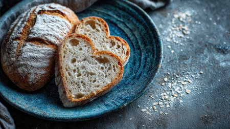 A captivating still life featuring a freshly baked bread loaf on a blue plate, showcasing a heart-shaped slice and a lightly dusted flour background.の素材