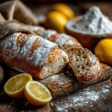 A close-up of a rustic wooden table featuring a freshly baked artisan bread loaf, flour, lemon halves, and a warm, inviting kitchen atmosphere.の素材