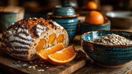A beautiful arrangement of rustic bread with orange slices and oats set on a wooden table, capturing the essence of a cozy kitchen atmosphere perfect for any meal.の素材